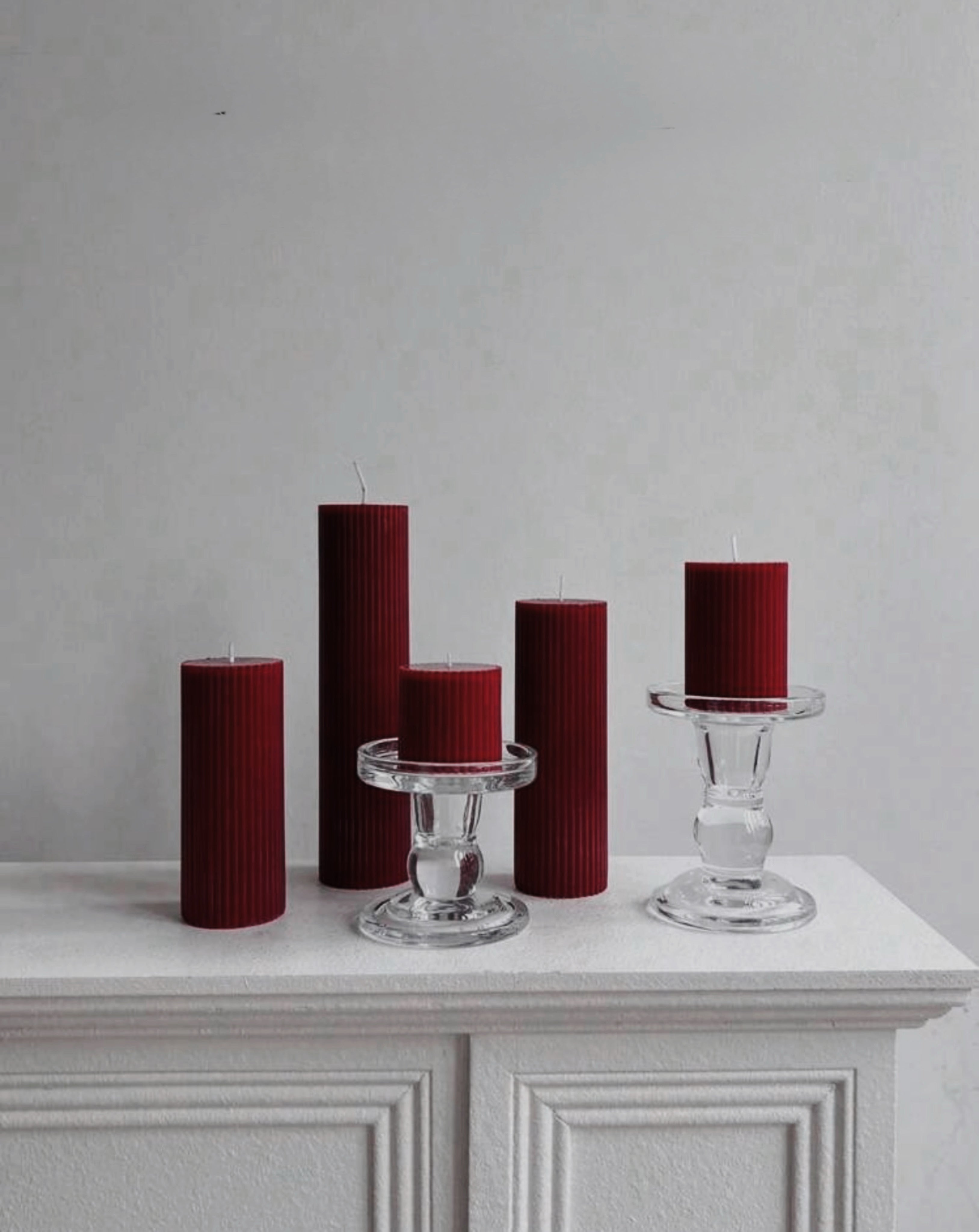 Festive Ribbed Pillar Candle Collection – Crimson Red